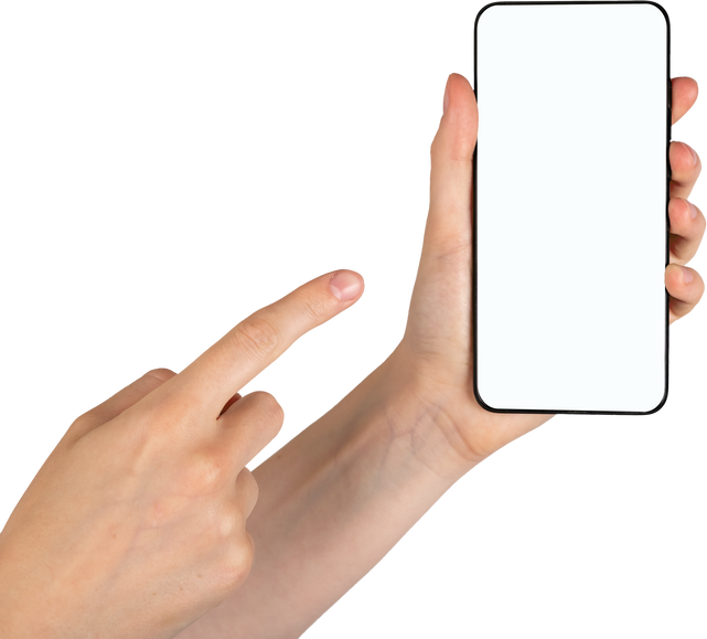 Forefinger pointing to phone mockup isolated on white background. Android template with blank display. Female presenting data in smartphone.